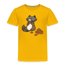 Load image into Gallery viewer, Kinder Premium T-Shirt - Waschbär mit Keksen - Sonnengelb