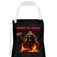 Afbeelding in Gallery-weergave laden, Schwarze Grillschürze "Born to Grill" mit Grill-Superheld in Flammen und Steak