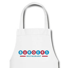 Carica l'immagine nel visualizzatore di Gallery, Weiße Kochschürze mit buntem Retro-Logo BURGERS RESTAURANT im Diner-Stil