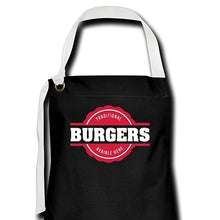 Indlæs billede til gallerivisning Schwarze Kochschürze mit rotem Retro-Emblem und Schriftzug Traditional Burgers Avaible Here