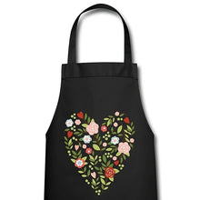 Indlæs billede til gallerivisning Schwarze Kochschürze für Damen mit floralem Herz aus Rosen, Blüten und Blättern