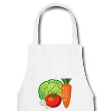 Indlæs billede til gallerivisning Weiße Kochschürze mit Gemüse-Motiv: Kohl, Tomate, Karotte und Knoblauch