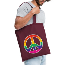 Indlæs billede til gallerivisning Jutebeutel mit Peace-Zeichen in Regenbogenfarben - Burgunderrot