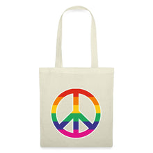 Indlæs billede til gallerivisning Stoffbeutel mit Peace-Zeichen in Regenbogenfarben auf naturfarbener Baumwolltasche
