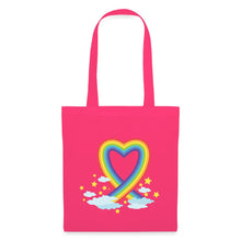 Indlæs billede til gallerivisning Pinker Jutebeutel mit Regenbogen-Herz, goldenen Sternen und Wolken