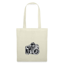 Carregar imagem no visualizador da galeria, Natur-Jutebeutel mit schwarz-weisser Retro-Spiegelreflex-Kamera und grossem Objektiv