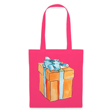 Lataa kuva Galleria-katseluun, Pinker Stoffbeutel mit Aquarell-Motiv einer orangefarbenen Geschenkbox mit blauer Schleife