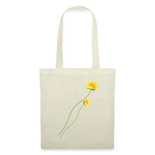 Lataa kuva Galleria-katseluun, Naturfarbener Stoffbeutel mit zwei gelben Ringelblumen-Blüten an grünen Stielen