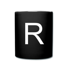 Afbeelding in Gallery-weergave laden, Schwarze Tasse mit großem weißen Buchstaben R als Monogramm-Initiale