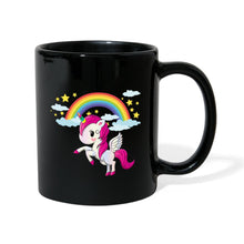 Ladda upp bild till gallerivisning, Schwarze Tasse mit pinkem Einhorn, Regenbogen, Wolken und goldenen Sternen