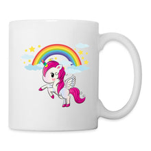 Indlæs billede til gallerivisning Weiße Tasse mit niedlichem rosa Einhorn, buntem Regenbogen und Sternen