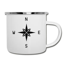 Ladda upp bild till gallerivisning, Weiße Emaille-Tasse mit schwarzer Kompass-Windrose und Himmelsrichtungen N E S W