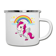 Carregar imagem no visualizador da galeria, Weiße Emaille-Tasse mit rosa Einhorn, Regenbogen, Sternen und Flügeln