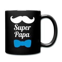 Lataa kuva Galleria-katseluun, Schwarze Tasse mit weißem Schnurrbart, blauer Fliege und Spruch Super Papa