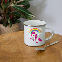 Carregar imagem no visualizador da galeria, Emaille-Tasse mit Einhorn und Regenbogen - Weiß