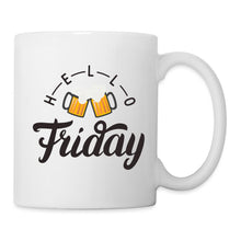 Ladda upp bild till gallerivisning, Weiße Tasse mit Spruch „Hello Friday" und zwei anstoßenden Biergläsern