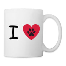 Indlæs billede til gallerivisning Weiße Tasse mit rotem Herz und schwarzer Hundepfote, Motiv I love Dogs