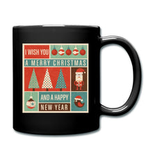 Charger l'image dans la galerie, Schwarze Tasse mit Retro-Motiv „Merry Christmas And A Happy New Year“, Santa und Tannenbäumen