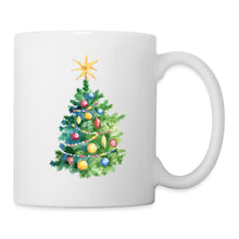 Charger l'image dans la galerie, Weiße Tasse mit Aquarell-Weihnachtsbaum, Goldstern und bunten Christbaumkugeln