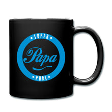 Lataa kuva Galleria-katseluun, Schwarze Tasse mit blauem Emblem und Spruch SUPER Papa PURE