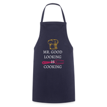 Indlæs billede til gallerivisning Dunkelblaue Kochschürze mit Kochmütze, Schneebesen und Spruch Mr. Good Looking is Cooking
