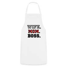 Lataa kuva Galleria-katseluun, Weiße Kochschürze mit Spruch Wife. Mom. Boss. in schwarz-roter College-Schrift
