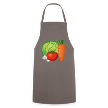 Carica l'immagine nel visualizzatore di Gallery, Graue Kochschürze mit Gemüse-Motiv: Salat, Tomate, Karotte und Knoblauch
