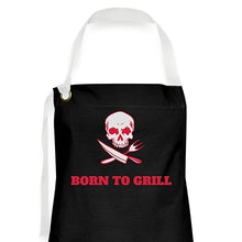 Indlæs billede til gallerivisning Schwarze Grillschürze mit rotem Totenkopf, Messer und Gabel und Spruch Born to Grill
