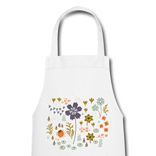 Afbeelding in Gallery-weergave laden, Weiße Kochschürze für Damen mit buntem Boho-Wildblumen-Motiv in Lila und Senfgelb
