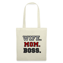 Lataa kuva Galleria-katseluun, Naturfarbener Stoffbeutel mit Spruch Wife. Mom. Boss. im College-Font

