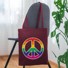 Indlæs billede til gallerivisning Jutebeutel mit Peace-Zeichen in Regenbogenfarben - Burgunderrot
