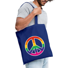 Indlæs billede til gallerivisning Jutebeutel mit Peace-Zeichen in Regenbogenfarben - Royalblau
