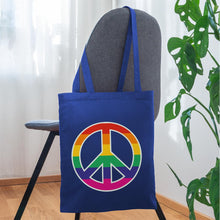 Indlæs billede til gallerivisning Jutebeutel mit Peace-Zeichen in Regenbogenfarben - Royalblau
