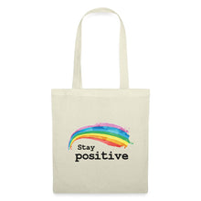 Załaduj obraz do przeglądarki galerii, Naturfarbener Jutebeutel mit Aquarell-Regenbogen und Spruch Stay positive
