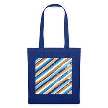 Indlæs billede til gallerivisning Blauer Stoffbeutel mit diagonalem Streifen-Muster in Blau, Orange und Weiß im Used-Look
