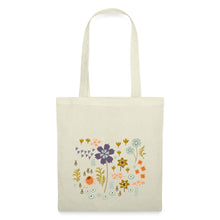 Lataa kuva Galleria-katseluun, Naturfarbener Stoffbeutel mit floralem Wildblumen-Wiesen-Motiv in Lila und Senfgelb, Meadow to Go
