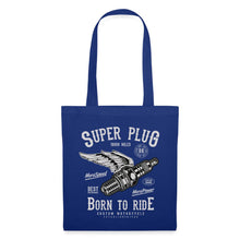 Lataa kuva Galleria-katseluun, Stoffbeutel Vintage Super Plug Born to Ride - Royalblau
