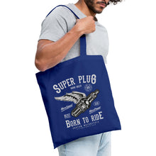 Lataa kuva Galleria-katseluun, Stoffbeutel Vintage Super Plug Born to Ride - Royalblau
