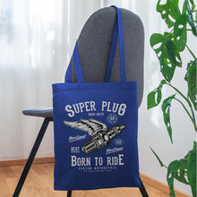 Lataa kuva Galleria-katseluun, Stoffbeutel Vintage Super Plug Born to Ride - Royalblau
