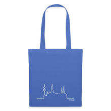 Carica l'immagine nel visualizzatore di Gallery, Blauer Stoffbeutel mit feiner weißer Hamburg-Skyline und Schriftzug Hamburg
