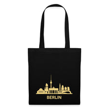 Indlæs billede til gallerivisning Schwarzer Jutebeutel mit goldener Berliner Skyline und Schriftzug BERLIN
