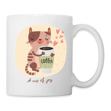 Indlæs billede til gallerivisning Niedliche Katze umarmt Coffee-Becher mit Herzen, Schriftzug "A cup of joy"
