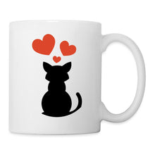Afbeelding in Gallery-weergave laden, Schwarze Katzen-Silhouette von hinten mit drei roten Herzen auf weißer Tasse
