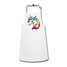Charger l'image dans la galerie, Weiße Kinderschürze mit Einhornkopf und bunter Regenbogen-Mähne, ohne Spruch
