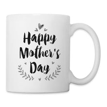 Indlæs billede til gallerivisning Weiße Tasse mit schwarzem Schriftzug „Happy Mother's Day“, Herzen und Blattranken
