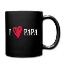 Afbeelding in Gallery-weergave laden, Schwarze Tasse mit weißem Schriftzug I love Papa und rotem Herz
