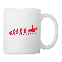 Indlæs billede til gallerivisning Pferde-Tasse mit roter Evolutions-Silhouette vom Affen zum Reiter auf dem Pferd
