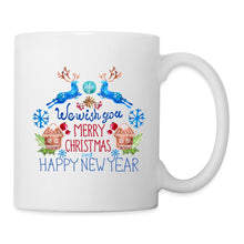Carica l'immagine nel visualizzatore di Gallery, Weiße Tasse mit Aquarell-Rentieren und Spruch We wish you Merry Christmas and Happy New Year
