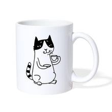 Charger l'image dans la galerie, Weiße Tasse mit schwarz-weißer Katze, die aus einer kleinen Espressotasse trinkt

