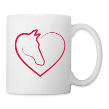 Carica l'immagine nel visualizzatore di Gallery, Weiße Tasse mit roter Linien-Zeichnung: Pferdekopf verschmilzt mit einem Herz
